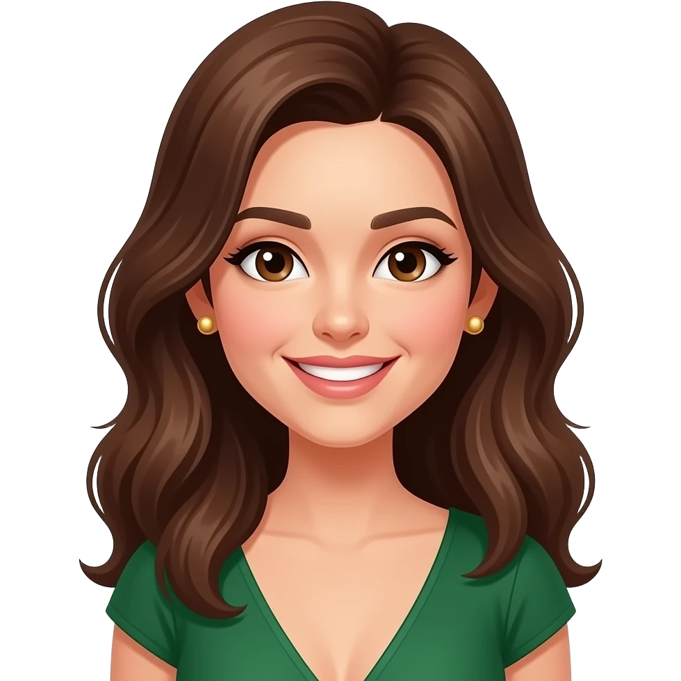 beauty, woman, gold stud earrings, brown eyes, green dress, smiling, brown hair, hairstyle emoji