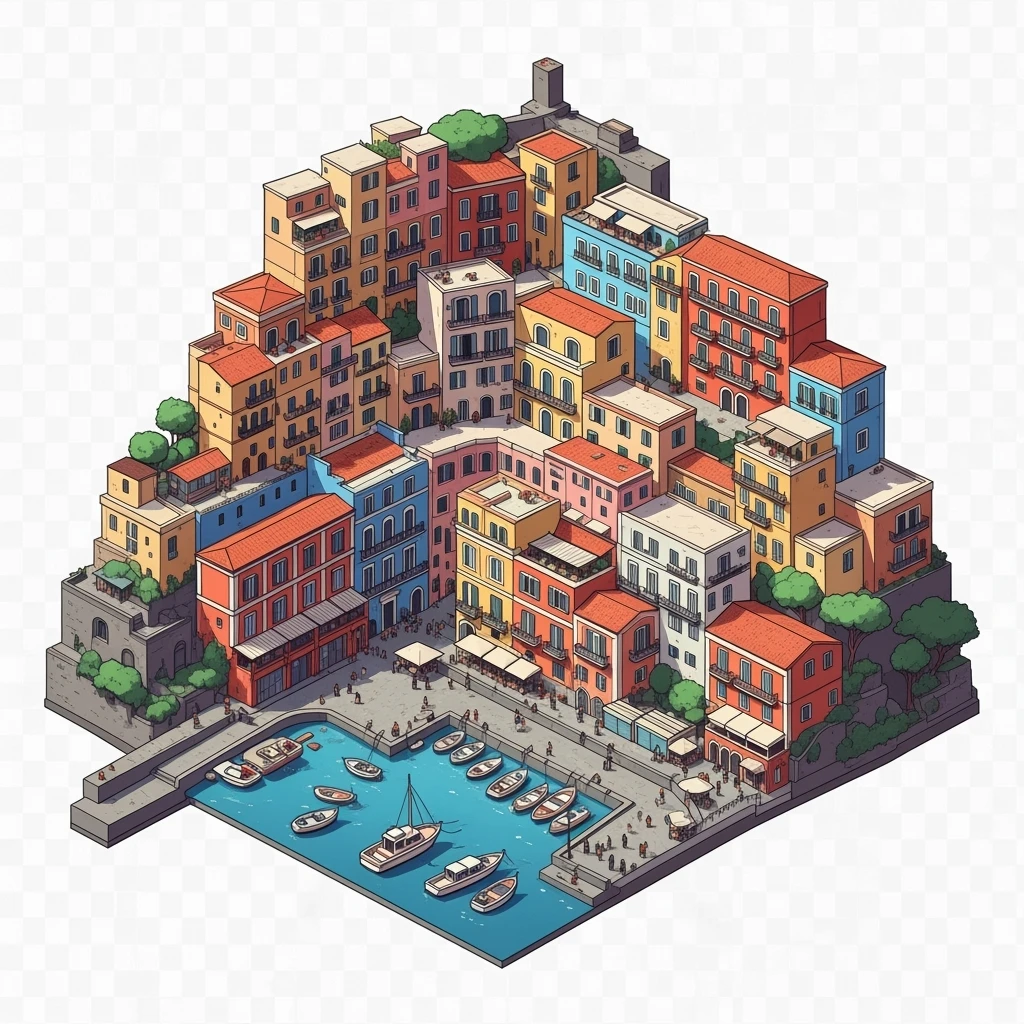 Isometric illustration of Naples, featuring colorful stacked coastal houses, highly detailed in semi-realistic style with sharp outlines, balanced between stylized and realistic, 3D miniature effect, transparent background. emoji