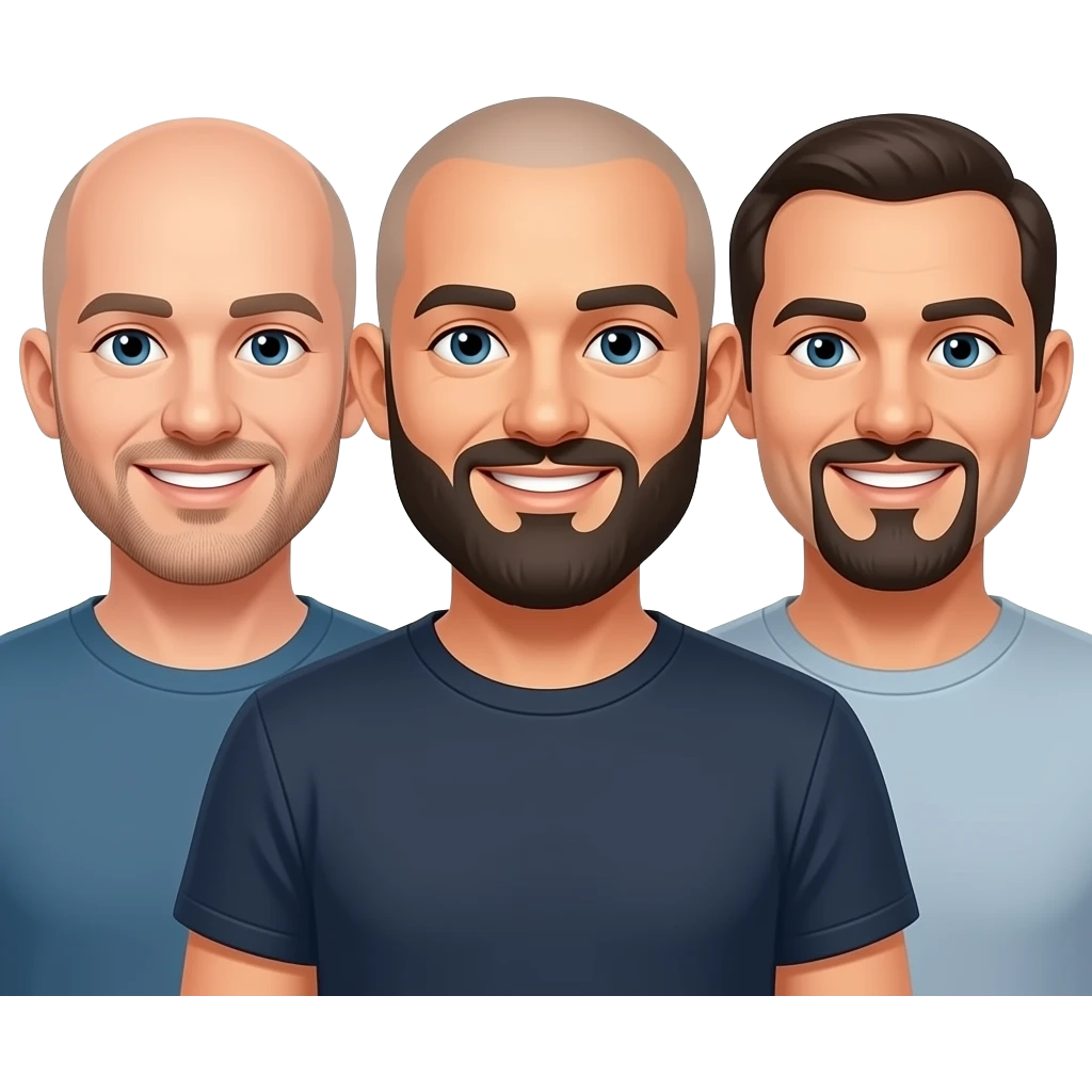 Create an IOS emoji of 3 gay friends. One friend is bald head with a very short stubble beard. One friend has a bald head and a medium length black beard, a the last friend has a bald head and a goatee only with no bead. emoji