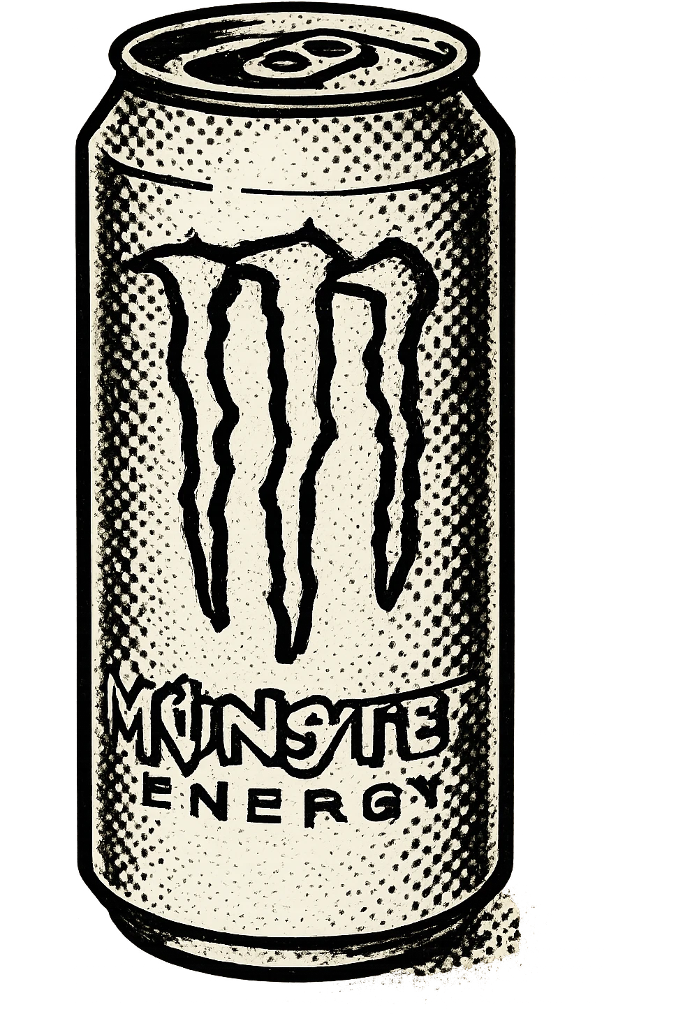 monster energy drink can, black and white halftone style, vintage print effect, isolated on transparent background emoji