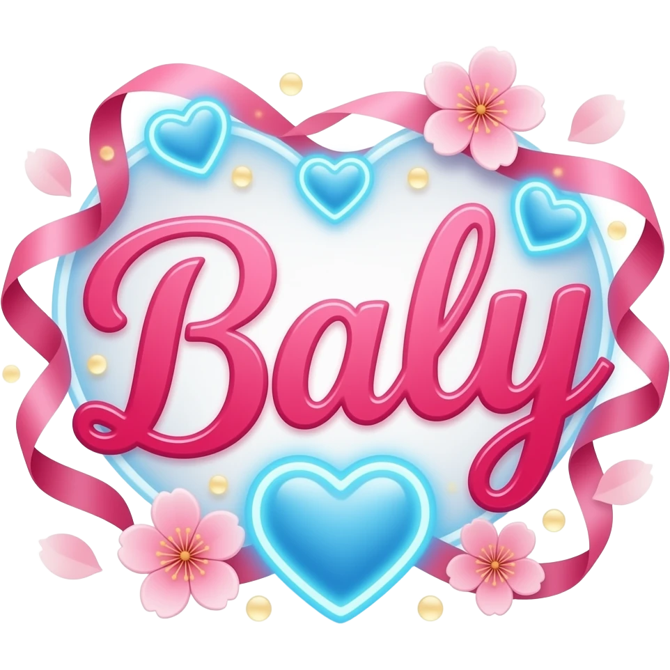 A sleek, hot pink text 'Baly' decorative symbols, adorned with satin ribbons and glowing neon-blue hearts. Surrounded by floating cherry blossom petals and golden bokeh. Vibrant, modern, and feminine with a cinematic glow emoji
