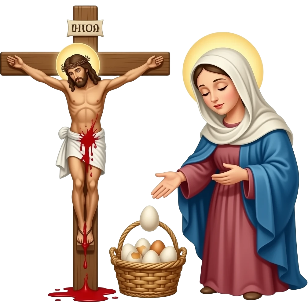 JESUS CRUCIFIED  on cross and blood coming down towards his mother maria eggs from a basket emoji