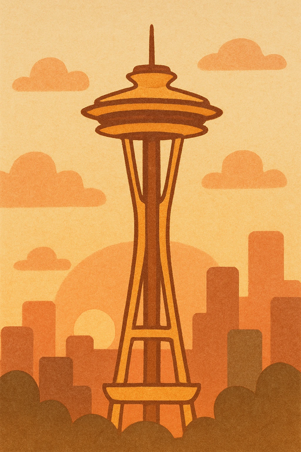 Space Needle with sunrise sky, orange and pink hues, city silhouette emoji