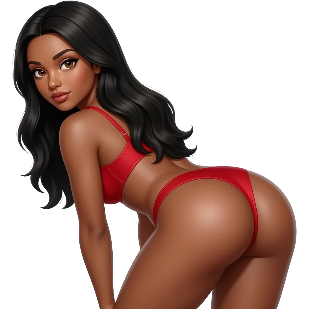 Lightskin black woman with brown eyes & long black straight hair wearing only a sexy red bra & sexy red thong bent over showing her ass from behind emoji