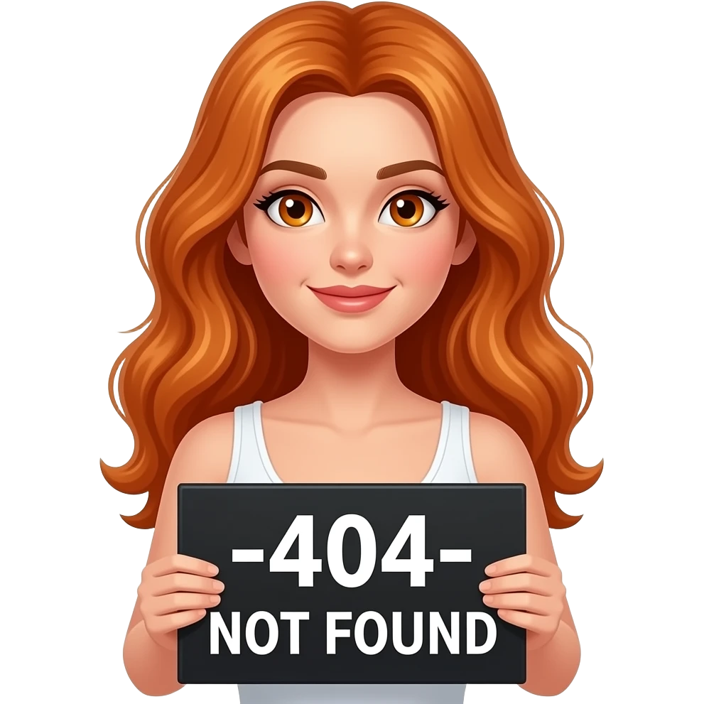 sexy girl with long wavy ginger hair and ginger eyes wearing a white tanktop is holding a black colored sign with -404- NOT FOUND written on it emoji