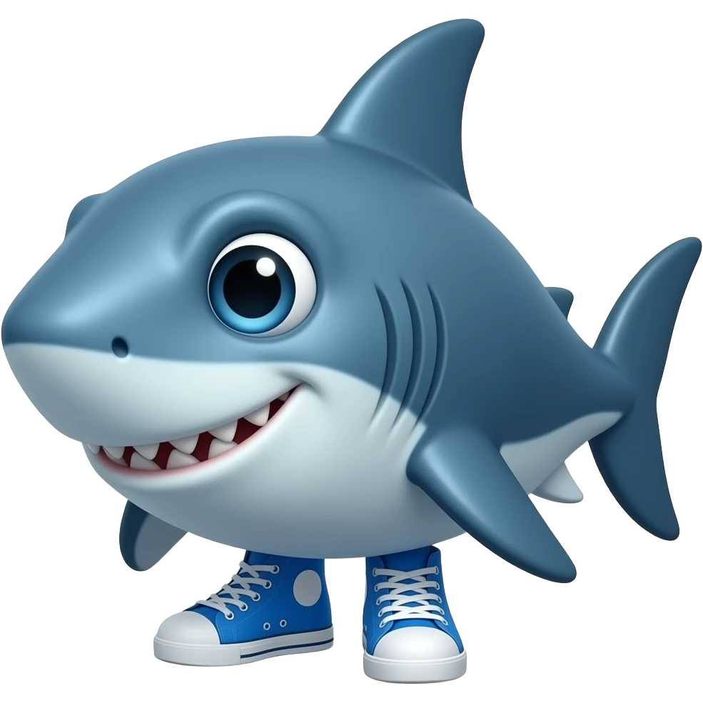 a shark with a sleek blue body, big expressive eyes, 3 not 2and a slightly goofy grin. wears bright blue sneakers, giving him a funny, cartoonish vibe with a mix of cool and absurd energy he dose not stand like a human but like a dog he has 3 blue sneakers 1 at the bake 2 under his fins emoji