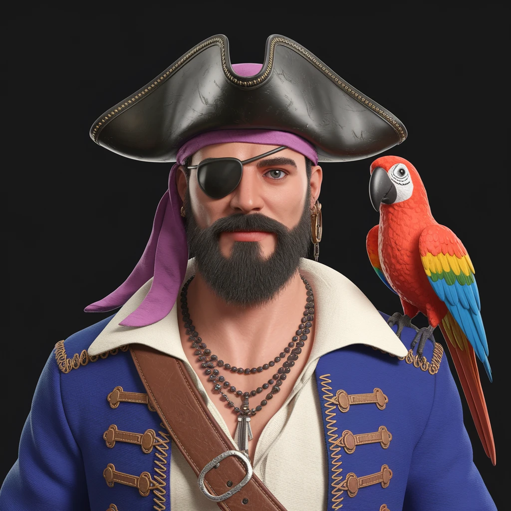 digital 2d art of pirate with eye patch and parrot emoji
