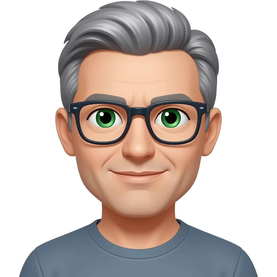 Grey hair, green eyes with eye glasses. emoji