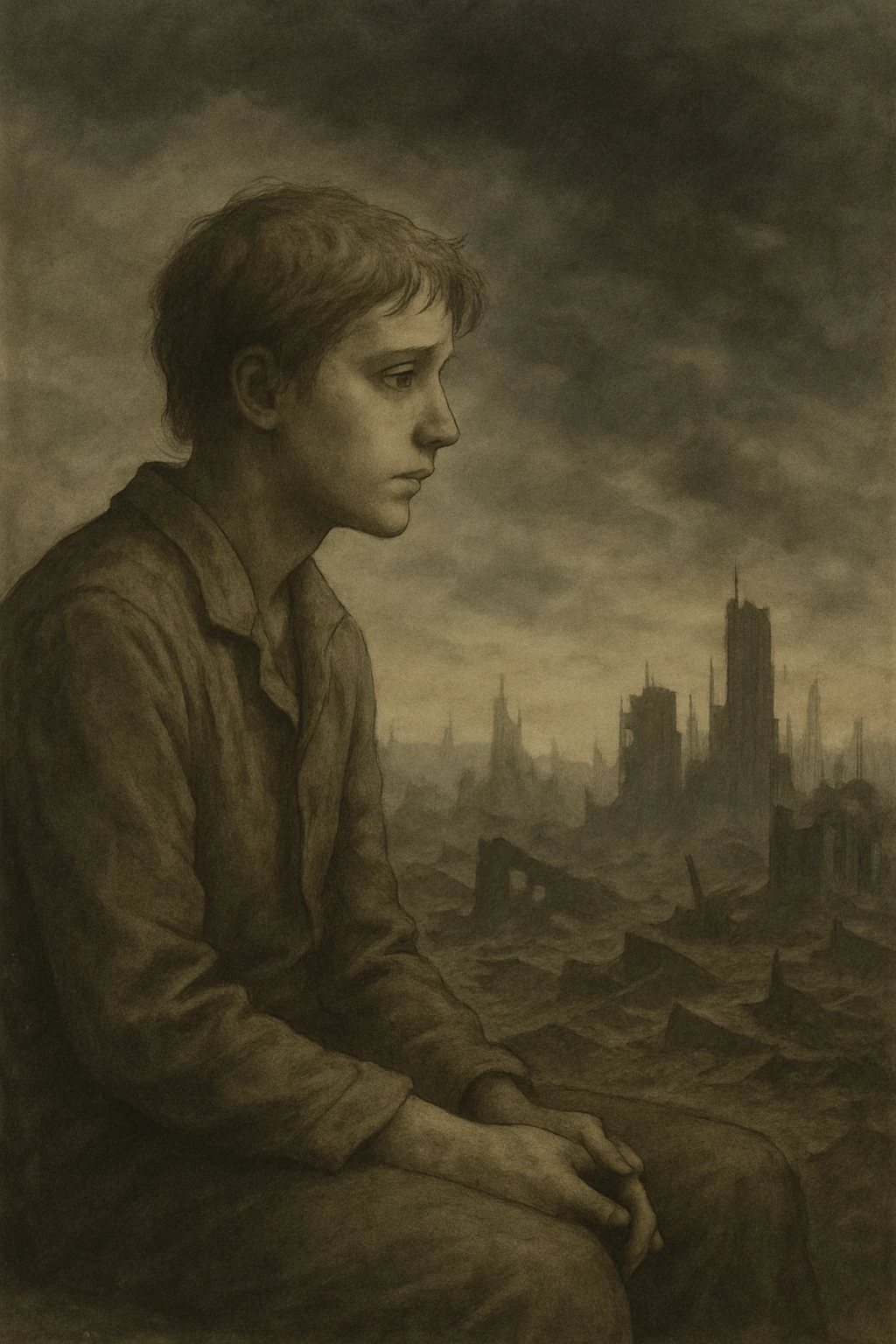 A person sitting peacefully, gazing at a distant apocalyptic landscape, with a calm expression and a subtle hint of sadness in their eyes, muted colors, gentle lighting, end-of-the-world theme. emoji