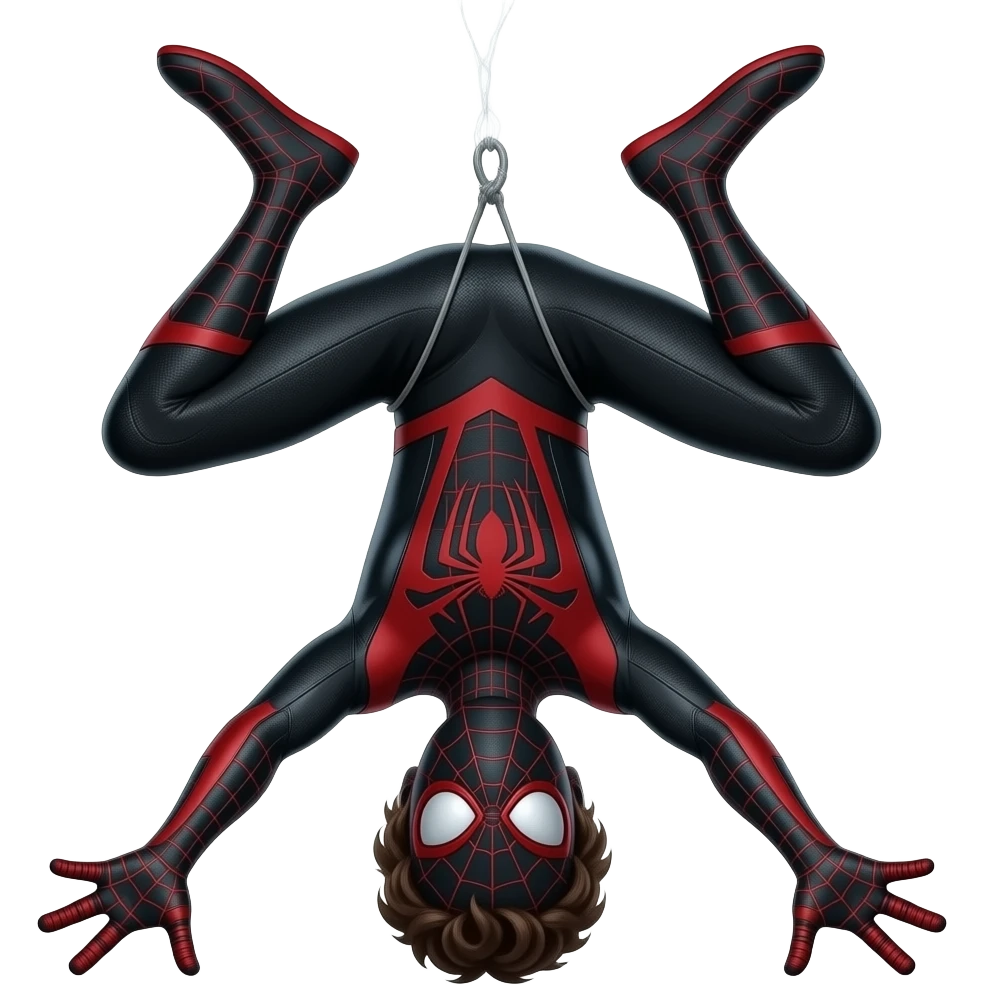 Spiderman miles morales wearing his mask in his black and red suit hanging upside-down holding the web string with both hands emoji