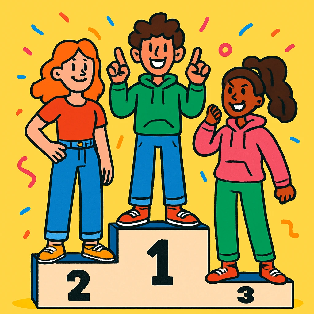 Three people standing on a winners’ podium labeled 2, 1, 3 from left to right. Each person stands on their numbered step. All are dressed casually in fun clothes like jeans, t-shirts, or hoodies. The center person on the number 1 podium holds up one finger on each hand, showing they’re number one. Cheerful, expressive style. emoji