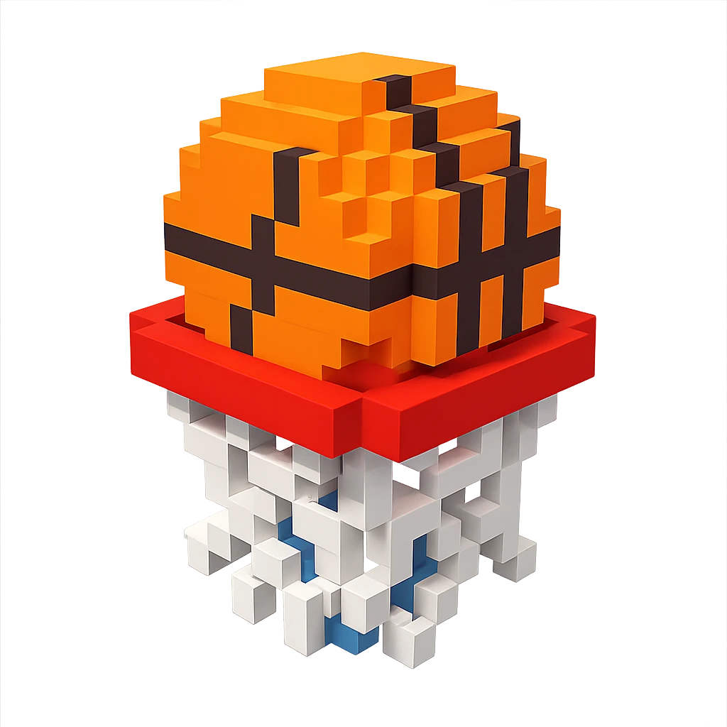 Voxel-style basketball in a net, no background, variation 8. emoji