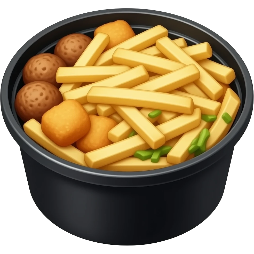 french fry and chicken cubes and meatballs all mixed together with mustard sauce in a black round plastic box. Its called a loaded box. with everything mixes with one another. no indidual item at one side. mix everything emoji