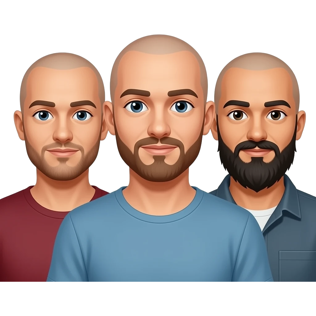 Create an IOS emoji of three gay friends. One is bald with stubble beard, one is bald with a goatee and one is bald with a black med length beard emoji