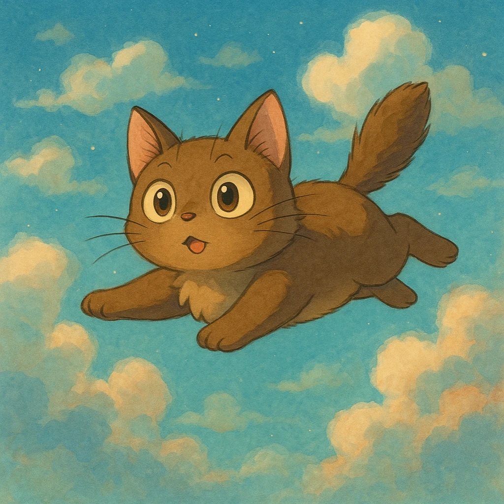 flying cat with expressive eyes in a dreamy sky background in ghibli style emoji