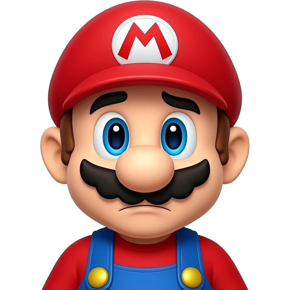 Super Mario close-up perspective with tilted head, sad emotional expression, polished 3D emoji style emoji