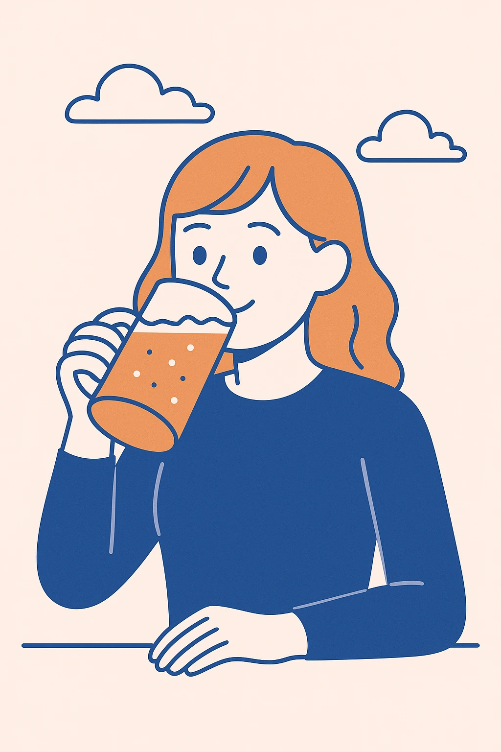 ginger-haired girl drinking beer, relaxed mood, flat color style, minimal background emoji