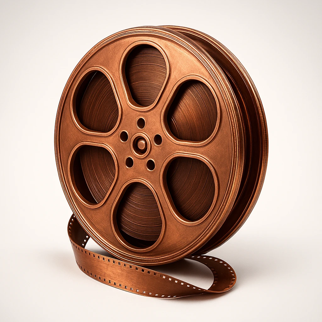 film reel floating in space with a warm copper-colored star behind it, copper tones, cinematic, dramatic lighting emoji