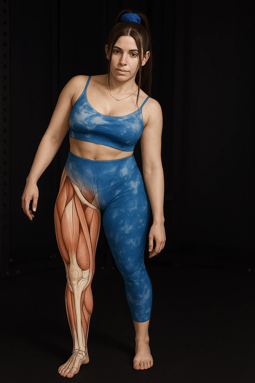 Create a realistic anatomical illustration inspired by the reference photo of the same woman in the same pose. Highlight the right leg (her right, on the left side of the image) as the weight-bearing leg, with anatomical details (muscles and bones) visible only on that leg. The rest of the body should remain realistic. Vary the anatomical emphasis on the highlighted leg for educational variety, showing different muscle or bone details. emoji
