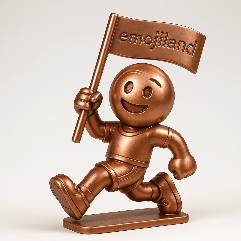 happy runner waving a flag that says 'emojiland' emoji