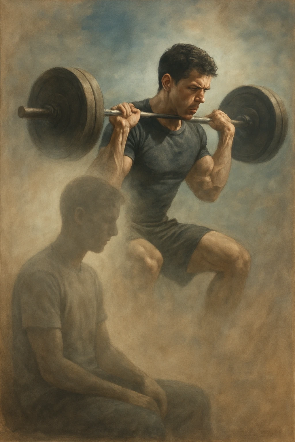 realistic style, person sitting imagining themselves training with weights, dreamlike scene, detailed realism, 2:3 aspect ratio emoji