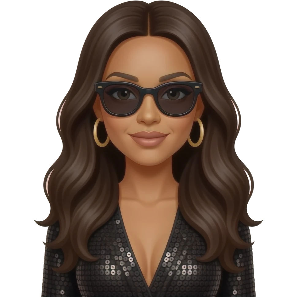 Aaliyah with long dark brown hair, black sequin outfit, black sunglasses emoji
