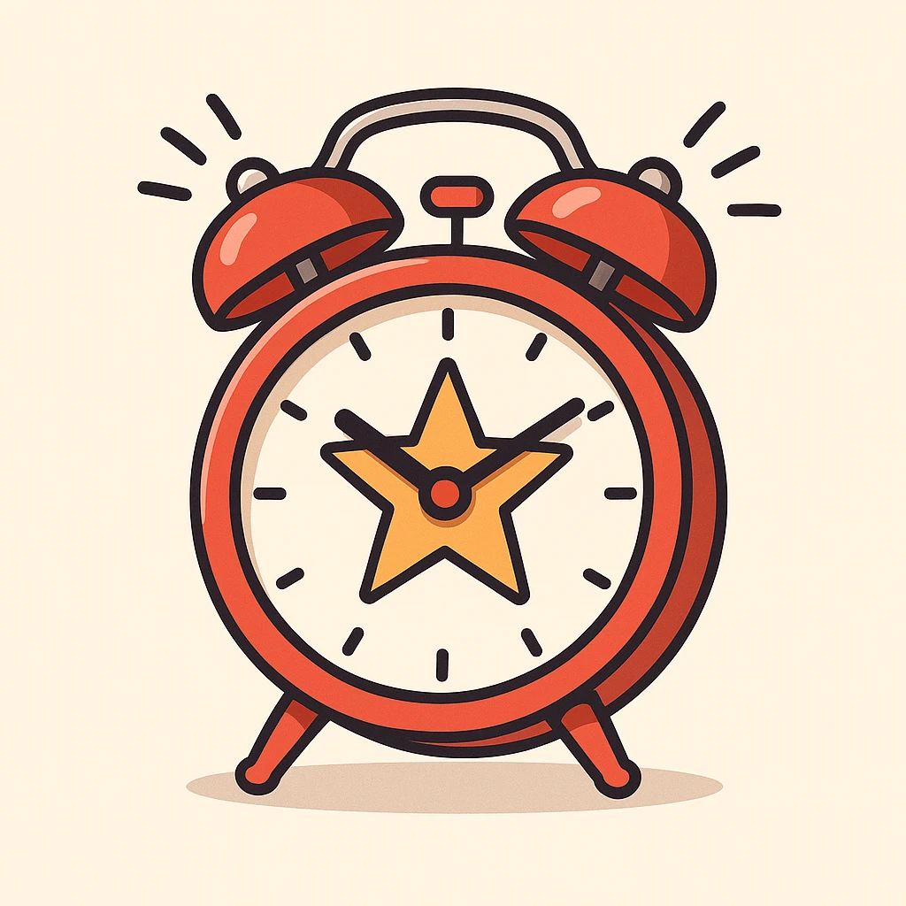 flat-style vector illustration of a classic red alarm clock with twin bells on top, featuring a bold star logo in the center of the clock face, minimalistic and modern, clean lines, soft shadows, ringing motion lines around the bells, light or neutral background to highlight the red and star symbol emoji