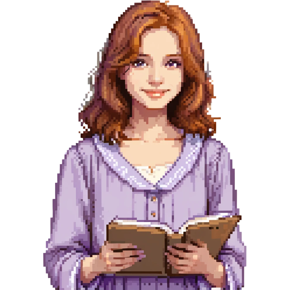 Calm female artist, Caucasian features, shoulder-length auburn hair, soft brown eyes, gentle smile, wearing a violet smock over a light beige top, holding a sketchbook close to chest, waist-up, front-facing emoji
