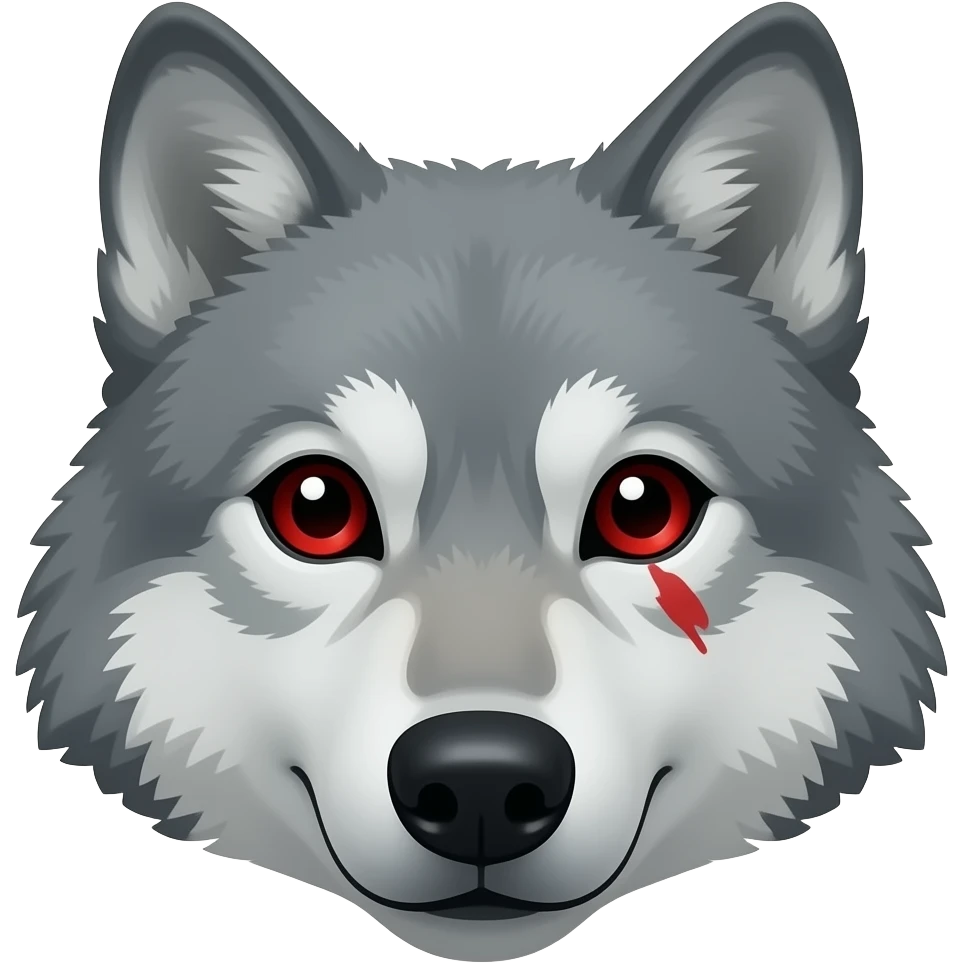 A Gray Wolf with red eyes with a red scratch on him eye emoji
