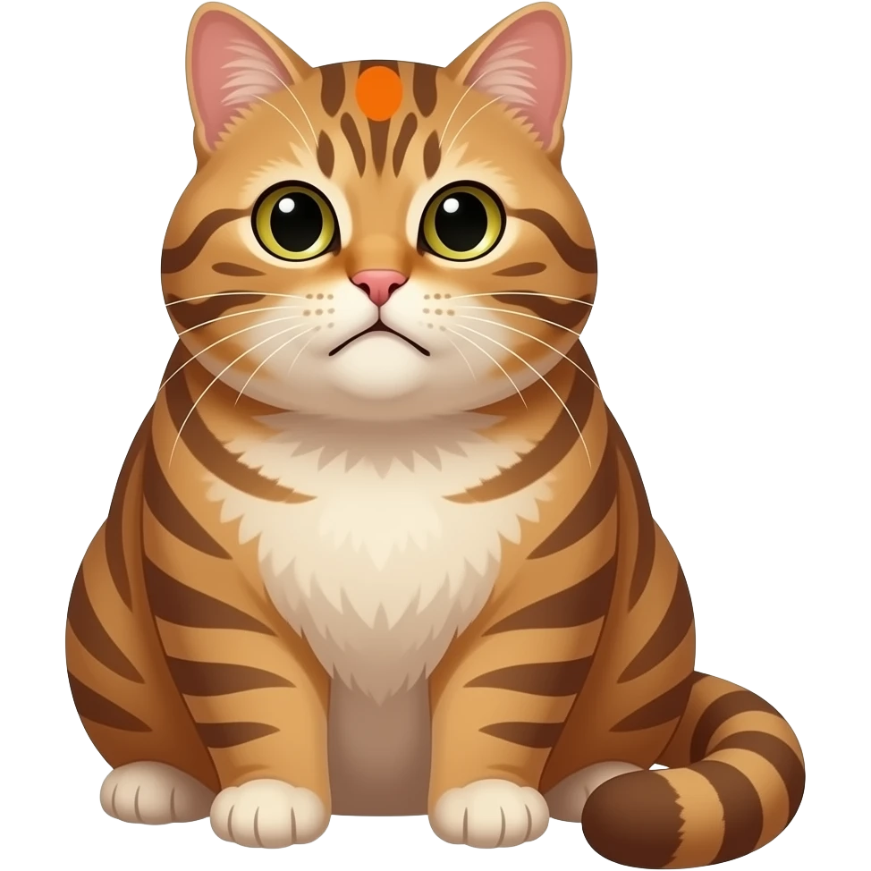 Fat Brown and cream color tabby cat with orange spot on forehead. Making a goofy facial expression emoji