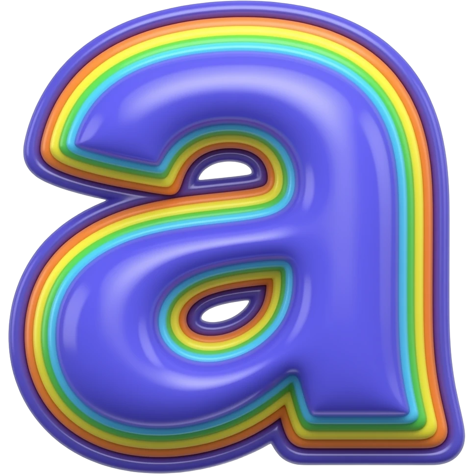 Letter "a" in purple bright blue lime green 3D style typography lettering, each color of the rainbow as a border outlined around each letter, isolated, 3d rendering, no emoji icons no emoji faces and must have no human figures emoji