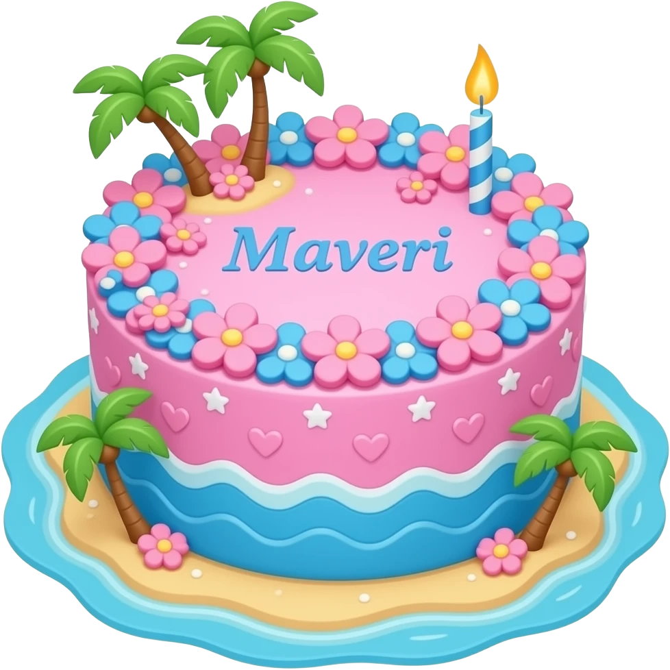 A pink and blue flower cake with the name Maveri on it and the whole cake is based off a island emoji