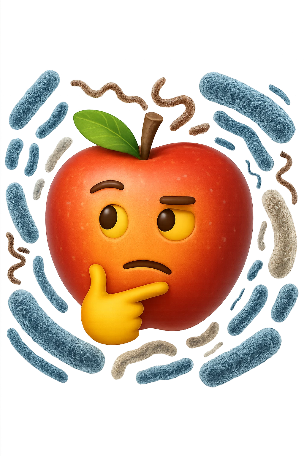 EMOJI STILE IPHONE DI una mela con espressione dubbiosa che intorno ha dei batteri intestinali, IPERREALISTICO 4K emoji