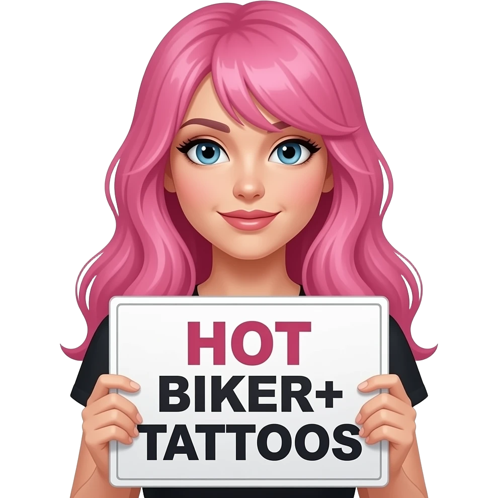 sexy girl with long pink hair holding a HOT BIKER+TATTOOS sign emoji