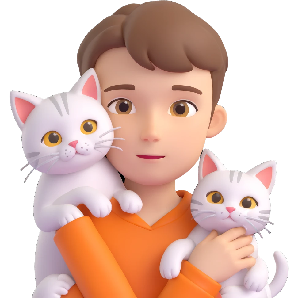 boy and cat pet in forrest background, close up pose emoji