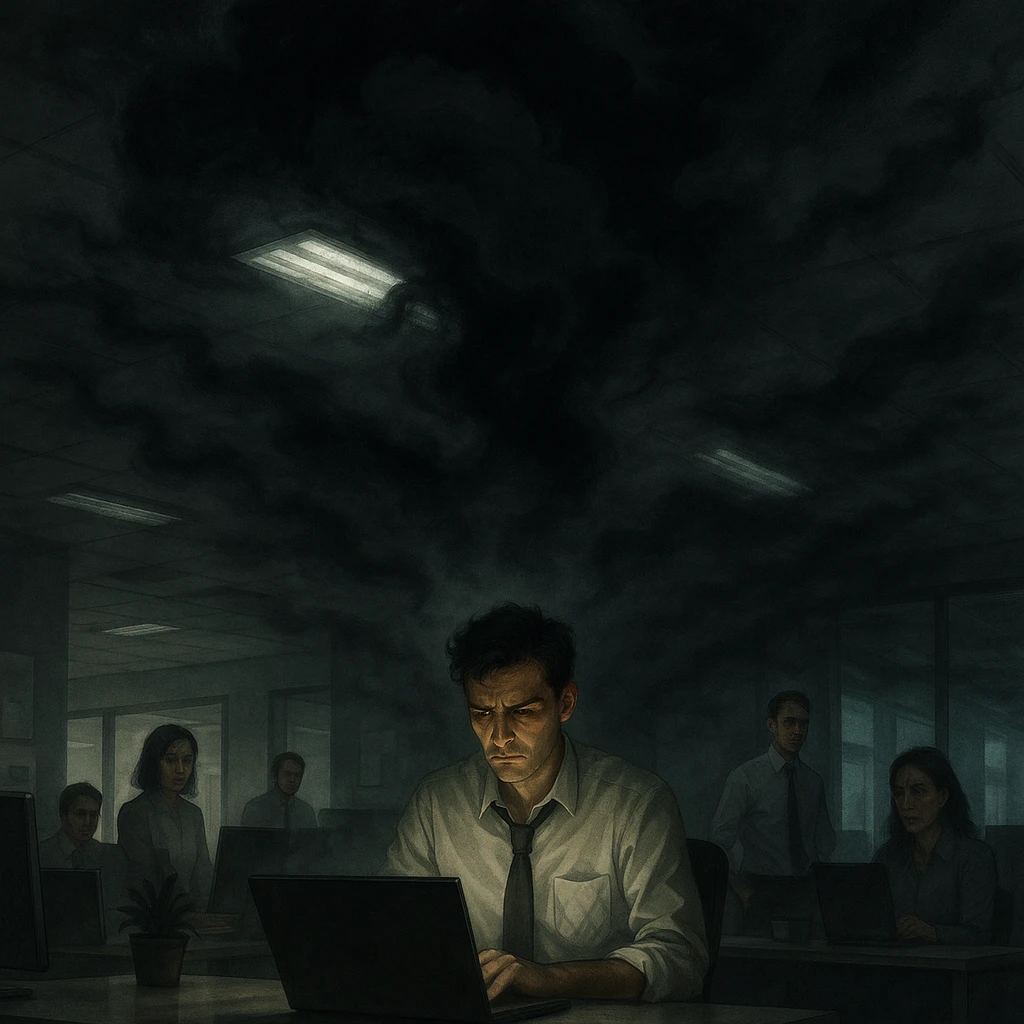 semi-realistic modern office setting with a man sitting at a desk under dark storm clouds swirling above his head; negative energy spreading like dark fog across the room affecting computers, lights, and coworkers' moods; coworkers showing tension and stress, some glancing with concern, others distancing themselves; symbolic lighting emphasizing emotional tension in the atmosphere emoji