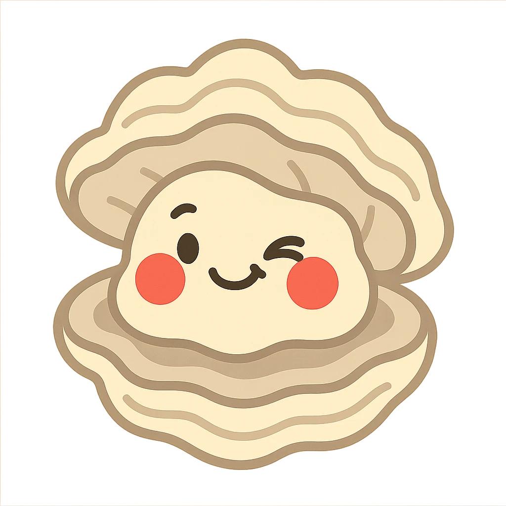 cute oyster with winking expression and very red cheeks, pastel toon style, cream and greige colors emoji