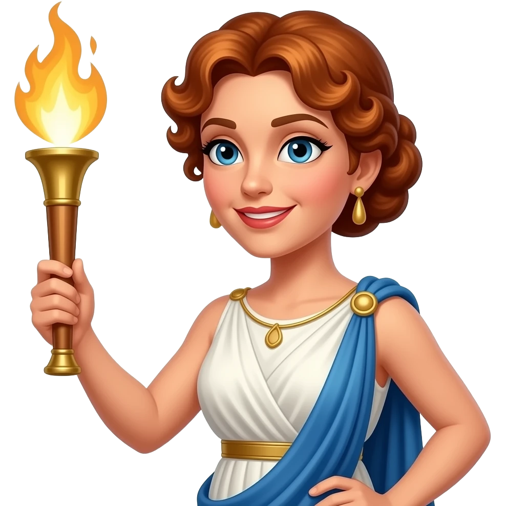 Columbia Pictures Torch Lady with auburn curly low bun hair, white peplos, one holding torch, one holding blue drape emoji