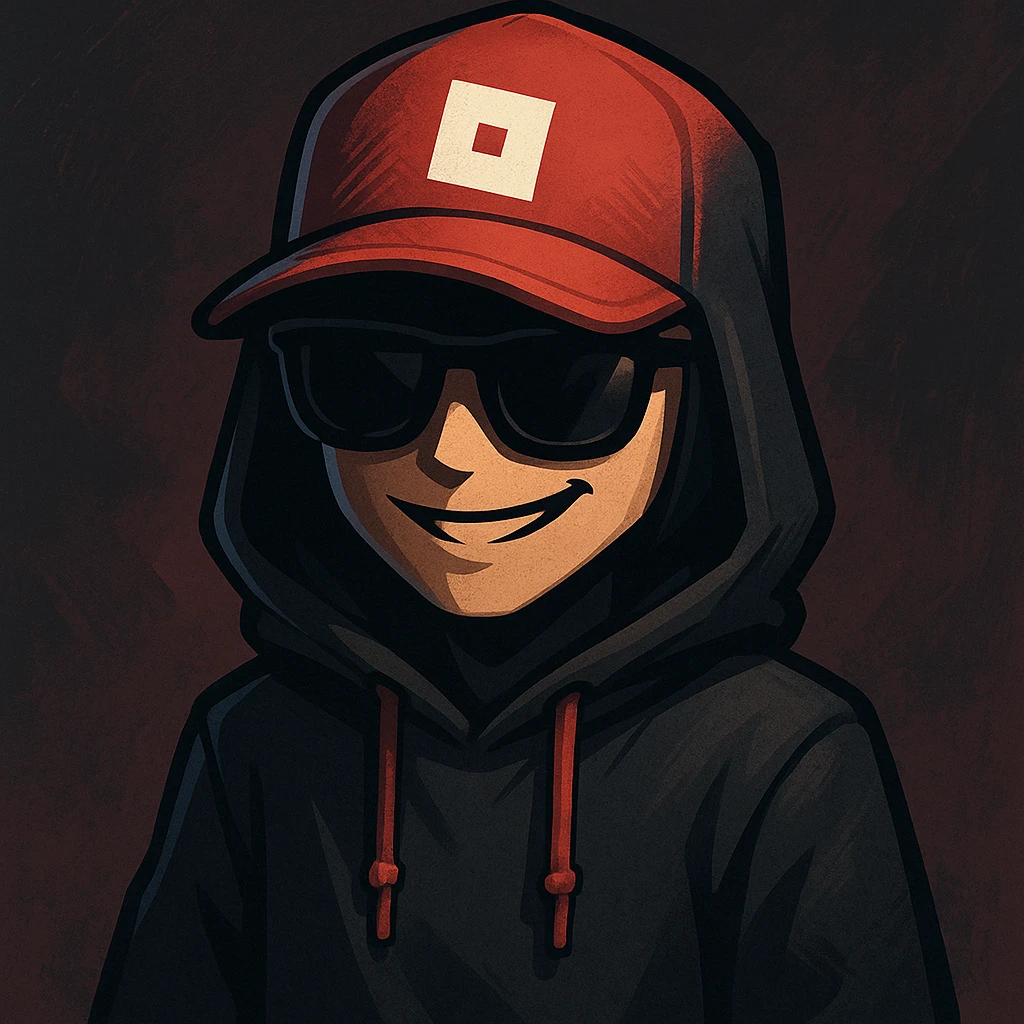 Coolkid, the infamous Roblox hacker, depicted as a mysterious figure with a red Roblox cap, sunglasses, and a hoodie, exuding a cool and mischievous vibe, in a modern digital art style emoji