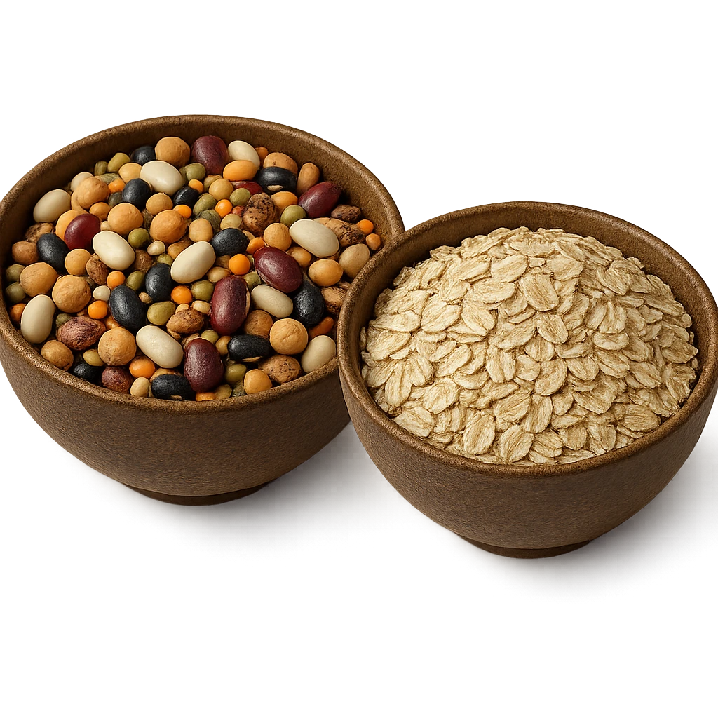 BOWL DI LEGUMI INSIEME A BOWL DI FIOCCHI DI AVENA POGGIATE,  iperrealistico 4k emoji