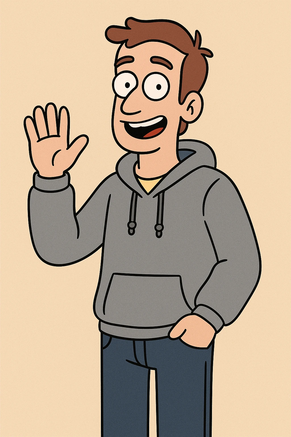 Pastel Yellow shirts Pacific Grey Hoodie dark blue jeans pockets a hand say hello emoji