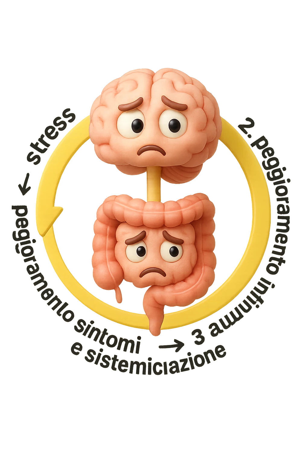 EMOJI STILE IPHONE 3D DI un cerchio con queste scritte che girano intorno in ordine per come li ho scritti "1. stress → 2. peggioramento intestinale → 3. aumento infiammazione → 4. peggioramento sintomi intestinali e sistemici." al centro del cerchio metti un cervello e intestino umani collegati verticalmente con espressione dubbiosa in volto, FALLO MOLTO REALISTICO IN 3D emoji