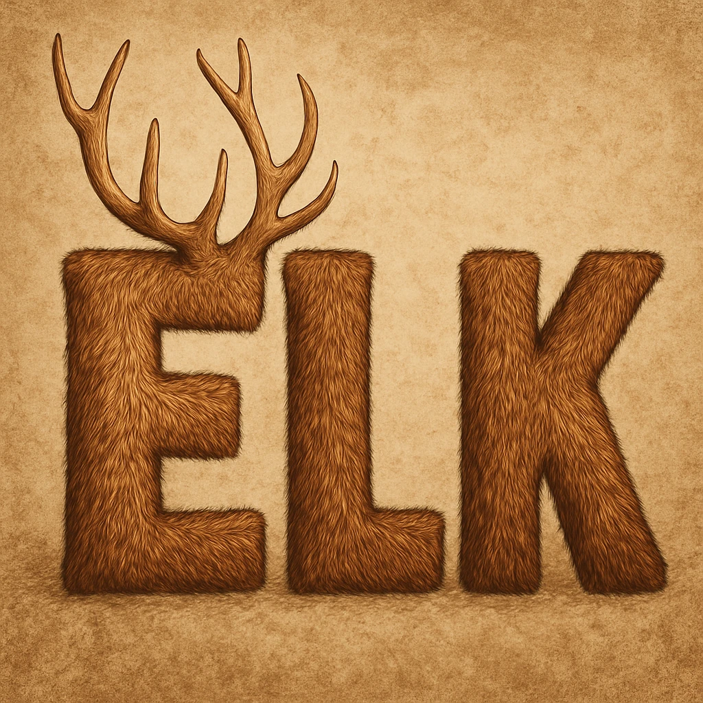 Block letters spelling ELK, each letter textured and colored to look like elk fur, with antlers on the E. emoji