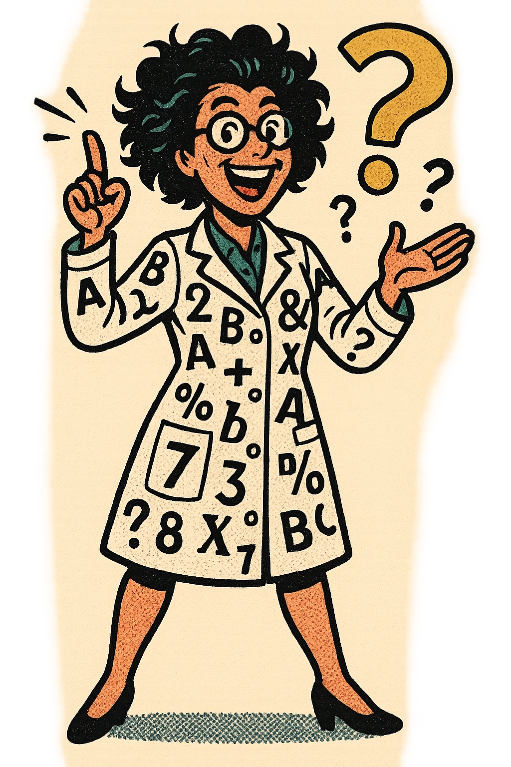 The full body of A happy crazy female scientist with numbers, question marks and letters printed all over their white coat emoji