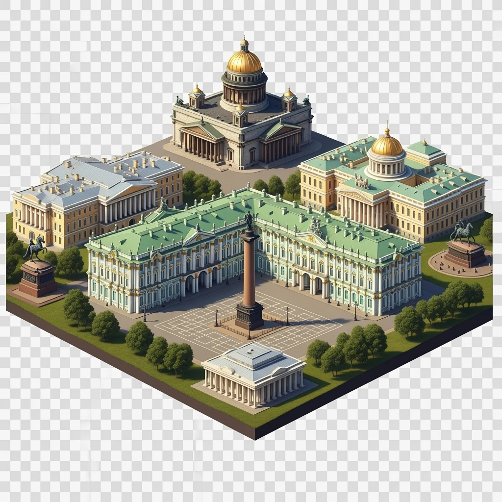 Изометрическая модель Санкт-Петербурга, в центре композиции Зимний дворец с Дворцовой площадью и Александрийский столп, фотореалистичный Исаакиевский собор, памятник Петру I, Адмиралтейство, здание Сената баланс между стилизацией и реализмом, эффект рисованной миниатюры Tift shift, прозрачный фон. emoji