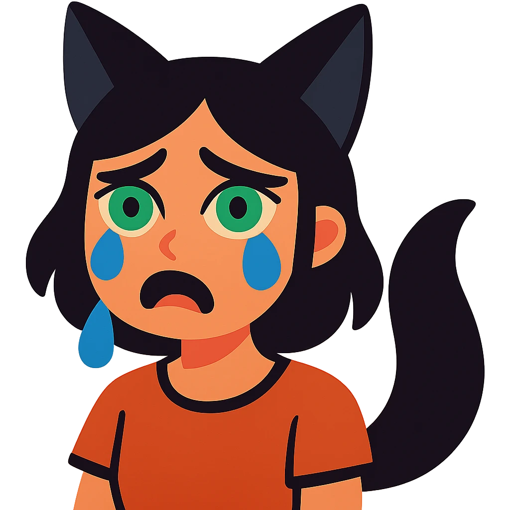 A girl with tears, black fox ears, and a tail, green eyes, dark hair emoji