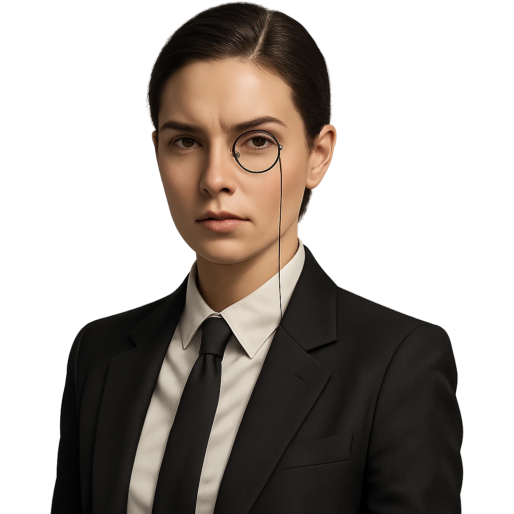 a modern woman with a monocle, business attire, sharp look, portrait, no background emoji