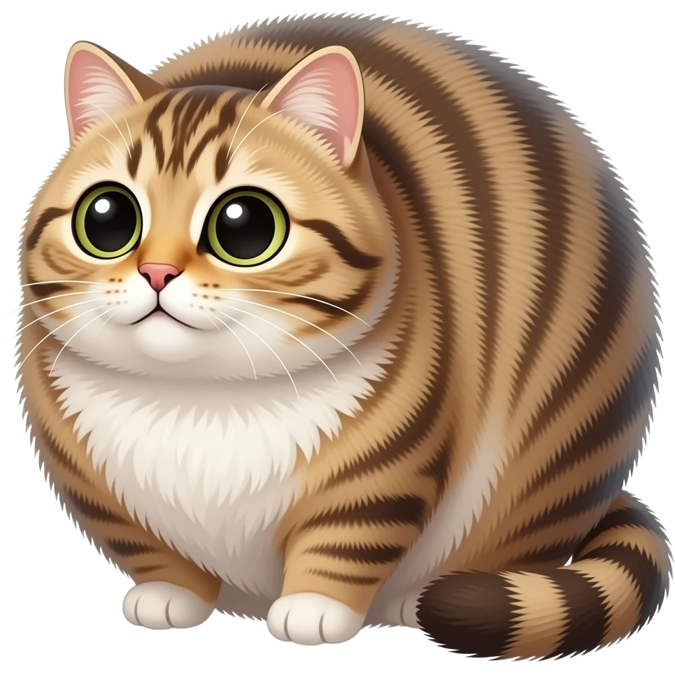 tabby cat in looking like a big fluffy round ball qui a tail and big bulging eyes, white belly, cartoon style emoji