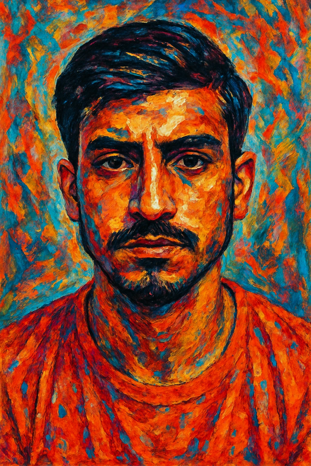 Create a bold, expressive mixed-media portrait using the face from the reference photo. The image should be a close-up headshot, front-facing with a slightly upward chin tilt to convey confidence, attitude, and artistic intensity. The style should be artistic, textured, and colorful, capturing a mixed-media art feel with vibrant and dynamic brush strokes and textures. emoji