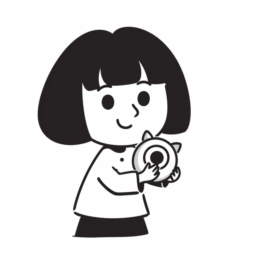 cute girl with blunt bangs, mid-short hair, big eyes, hand-drawn doodle style, holding small plush toy, very kawaii emoji